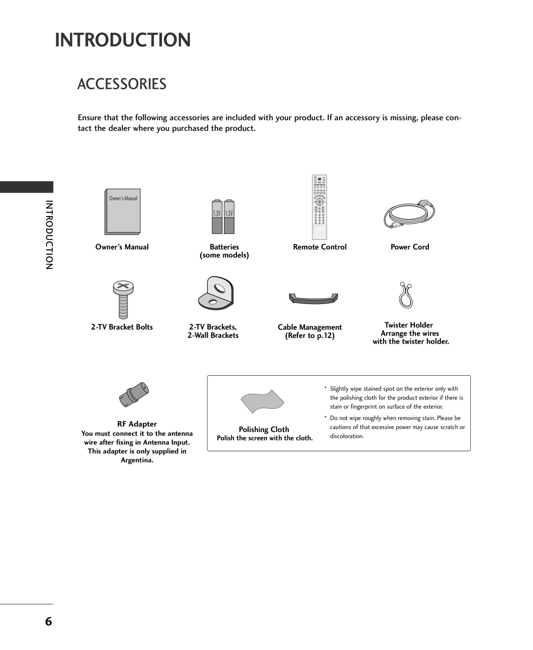 LG Electronics 37LC2RR, 42LC2RR owner manual Accessories, Introduction 