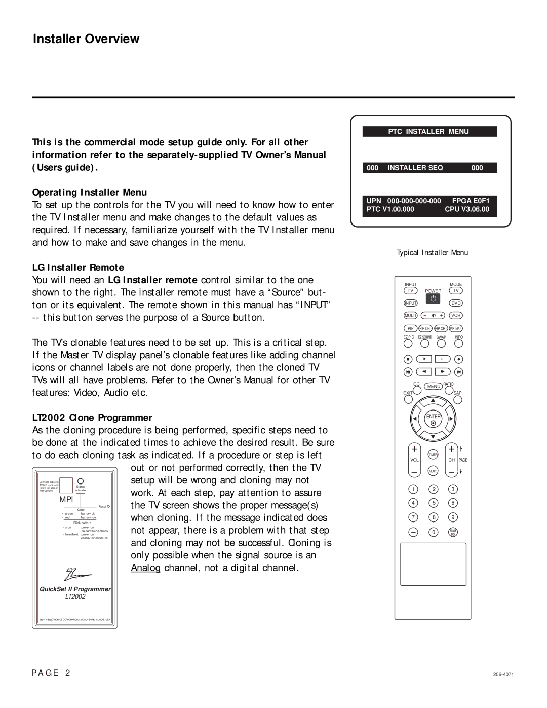 LG Electronics 37LC50DC, 206-4071P manual Typical Installer Menu 