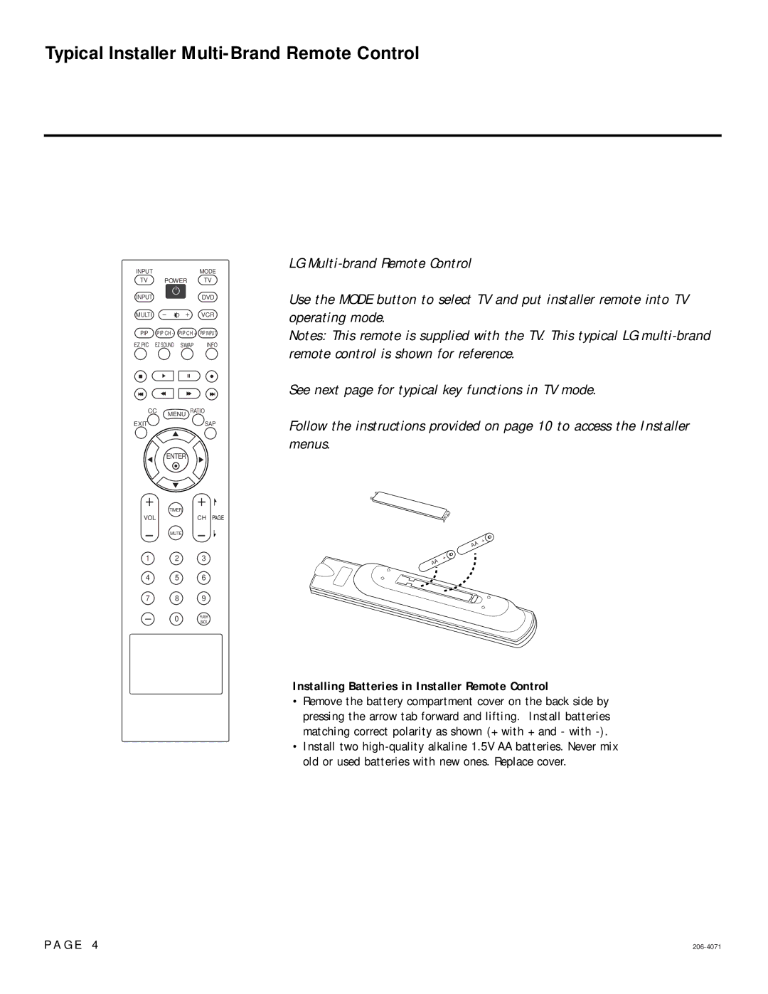 LG Electronics 37LC50DC Typical Installer Multi-Brand Remote Control, Installing Batteries in Installer Remote Control 