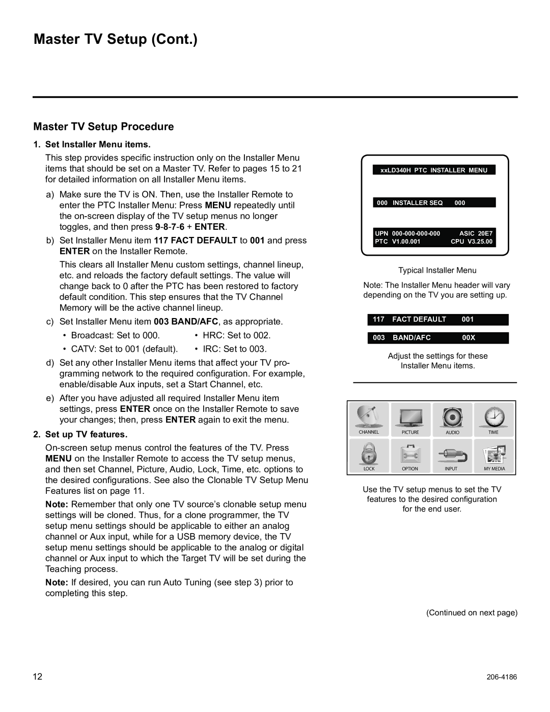 LG Electronics 26LD340H, 37LD340H, 37LD325H Master TV Setup Procedure, Set Installer Menu items, Set up TV features 