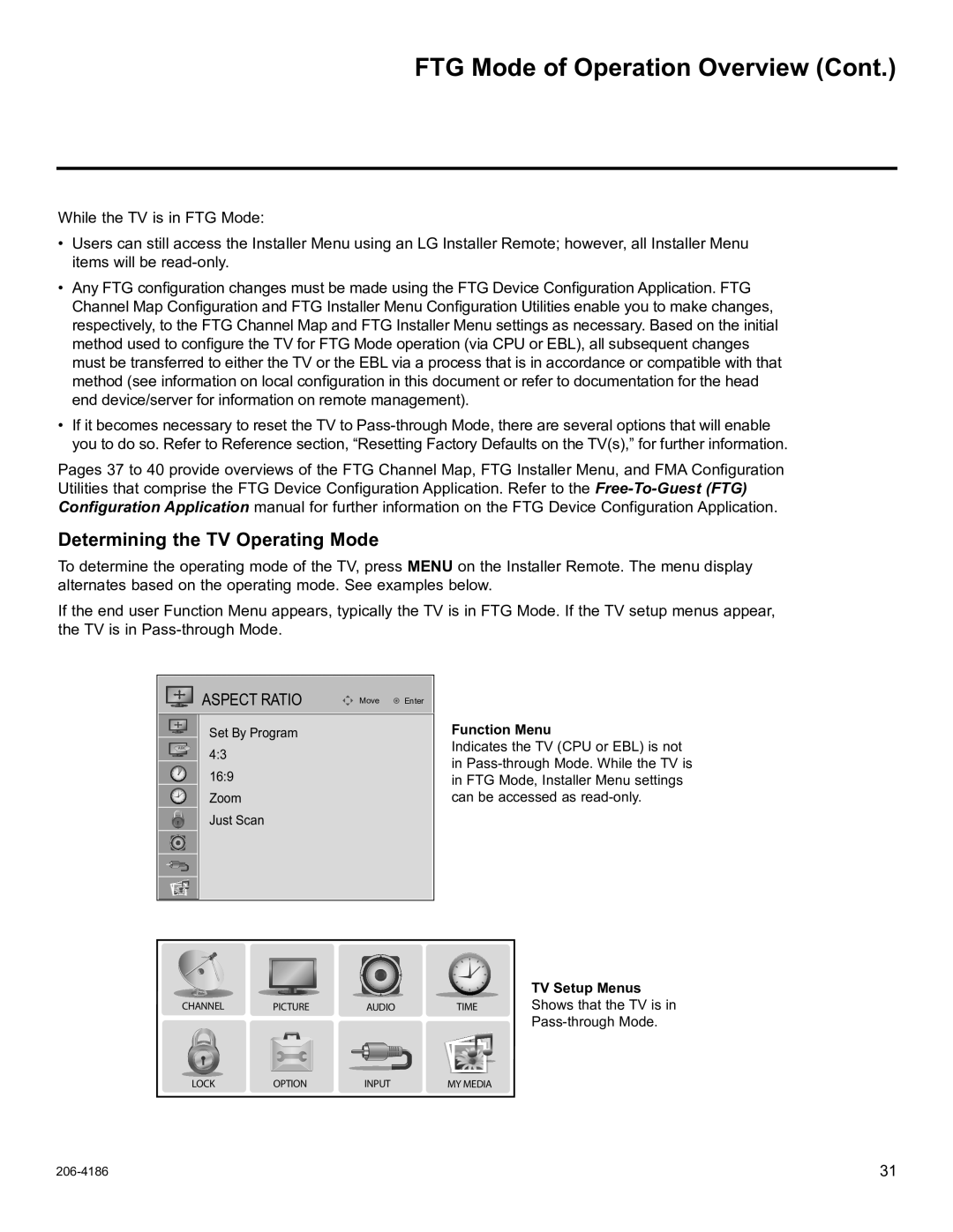 LG Electronics 42LD345H, 37LD340H, 37LD325H, 37LD345H Determining the TV Operating Mode, Function Menu, TV Setup Menus 