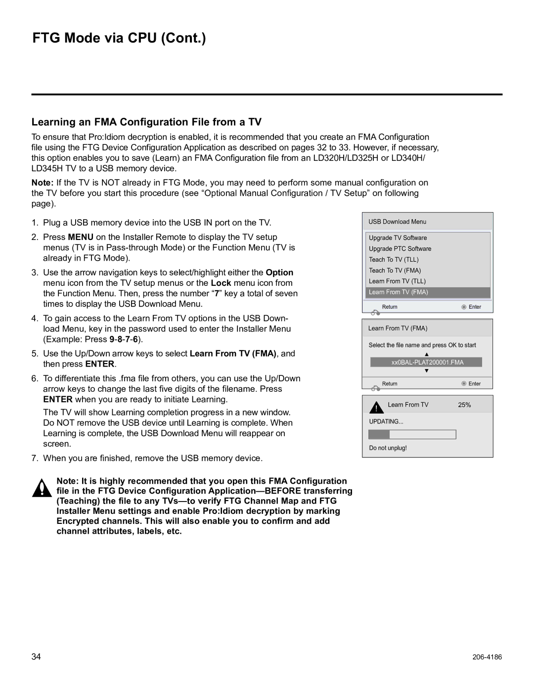 LG Electronics 32LD340H, 37LD340H, 37LD325H, 37LD345H Learning an FMA Configuration File from a TV, Learn From TV FMA 