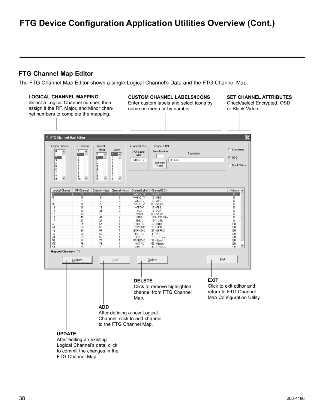 LG Electronics 32LD320H, 37LD340H, 37LD325H, 37LD345H, 42LD345H, 42LD340H FTG Channel Map Editor, Delete, Add, Update, Exit 