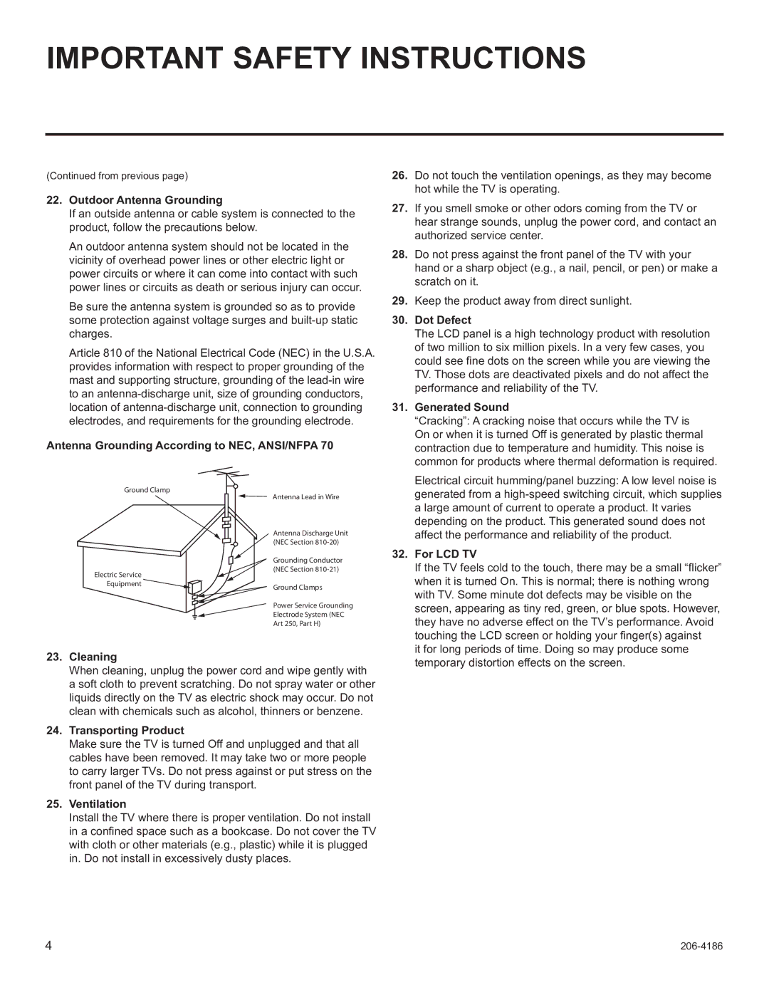 LG Electronics 42LD340H Outdoor Antenna Grounding, Antenna Grounding According to NEC, ANSI/NFPA, Cleaning, Ventilation 