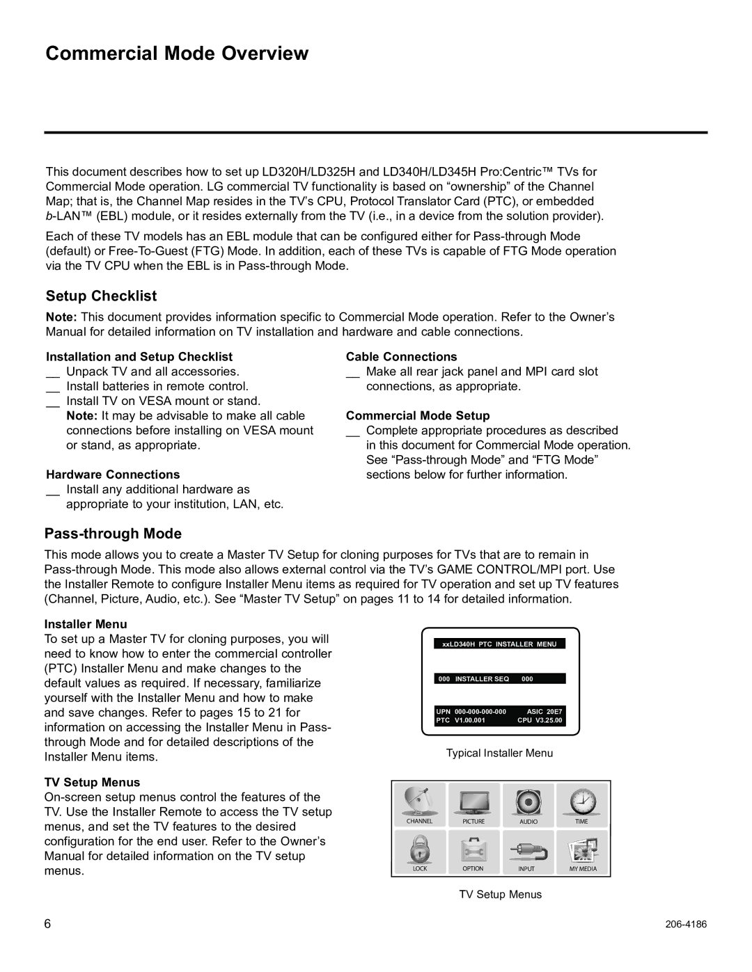 LG Electronics 32LD340H, 37LD340H, 37LD325H, 37LD345H, 42LD345H Commercial Mode Overview, Setup Checklist, Pass-through Mode 