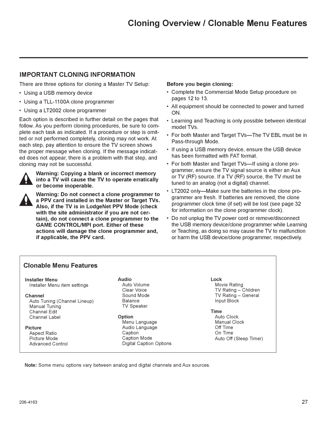 LG Electronics 37LD340H, 37LD325H, 37LD345H, 42LD345H Cloning Overview / Clonable Menu Features, Before you begin cloning 