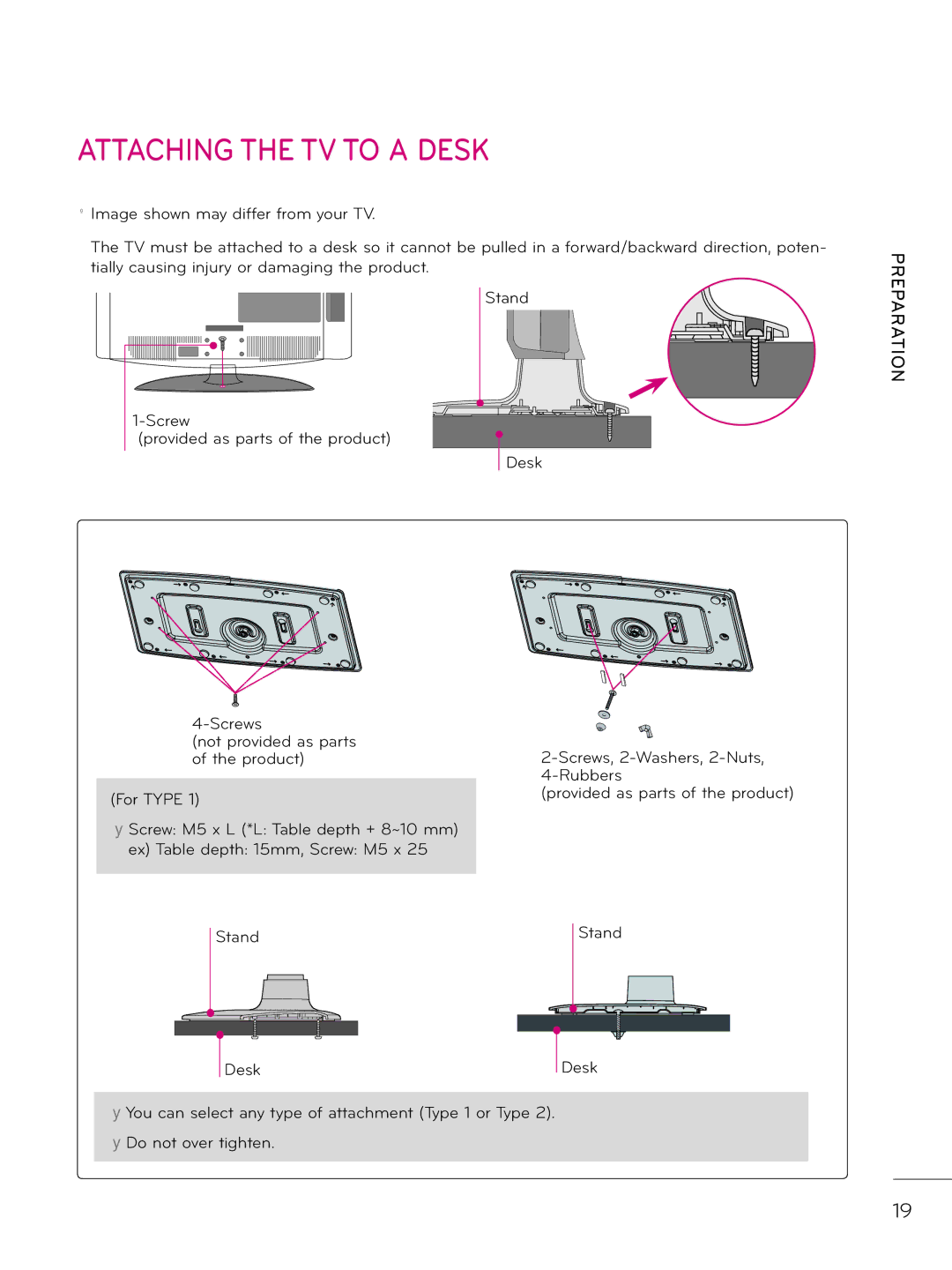 LG Electronics 42LD345H, 37LD340H, 37LD325H, 37LD345H, 42LD340H, 32LD345H, 32LD340H, 32LD325H Attaching the TV to a Desk 