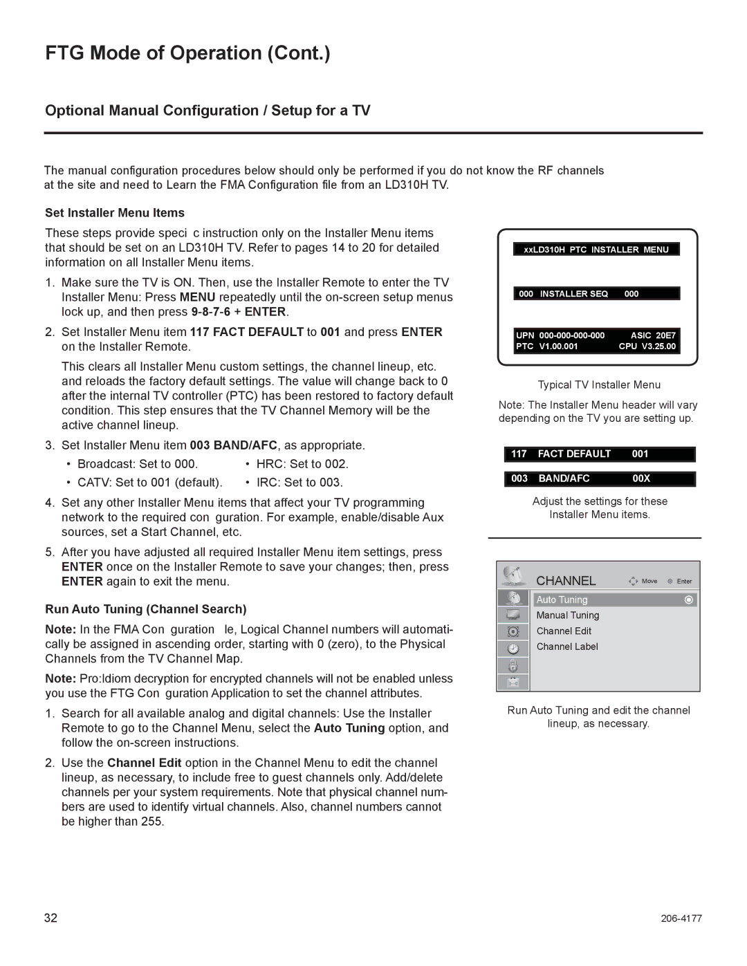 LG Electronics 42LD340H, 37LD340H, 37LD325H Optional Manual Conﬁguration / Setup for a TV, Set Installer Menu Items 