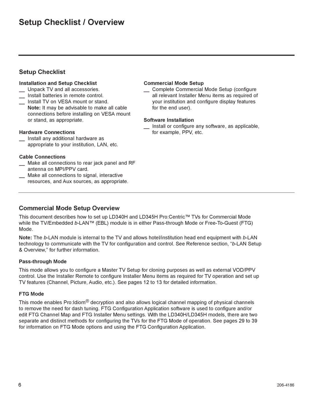 LG Electronics 26LD340H, 37LD340H, 37LD325H, 37LD345H, 42LD345H Setup Checklist / Overview, Commercial Mode Setup Overview 