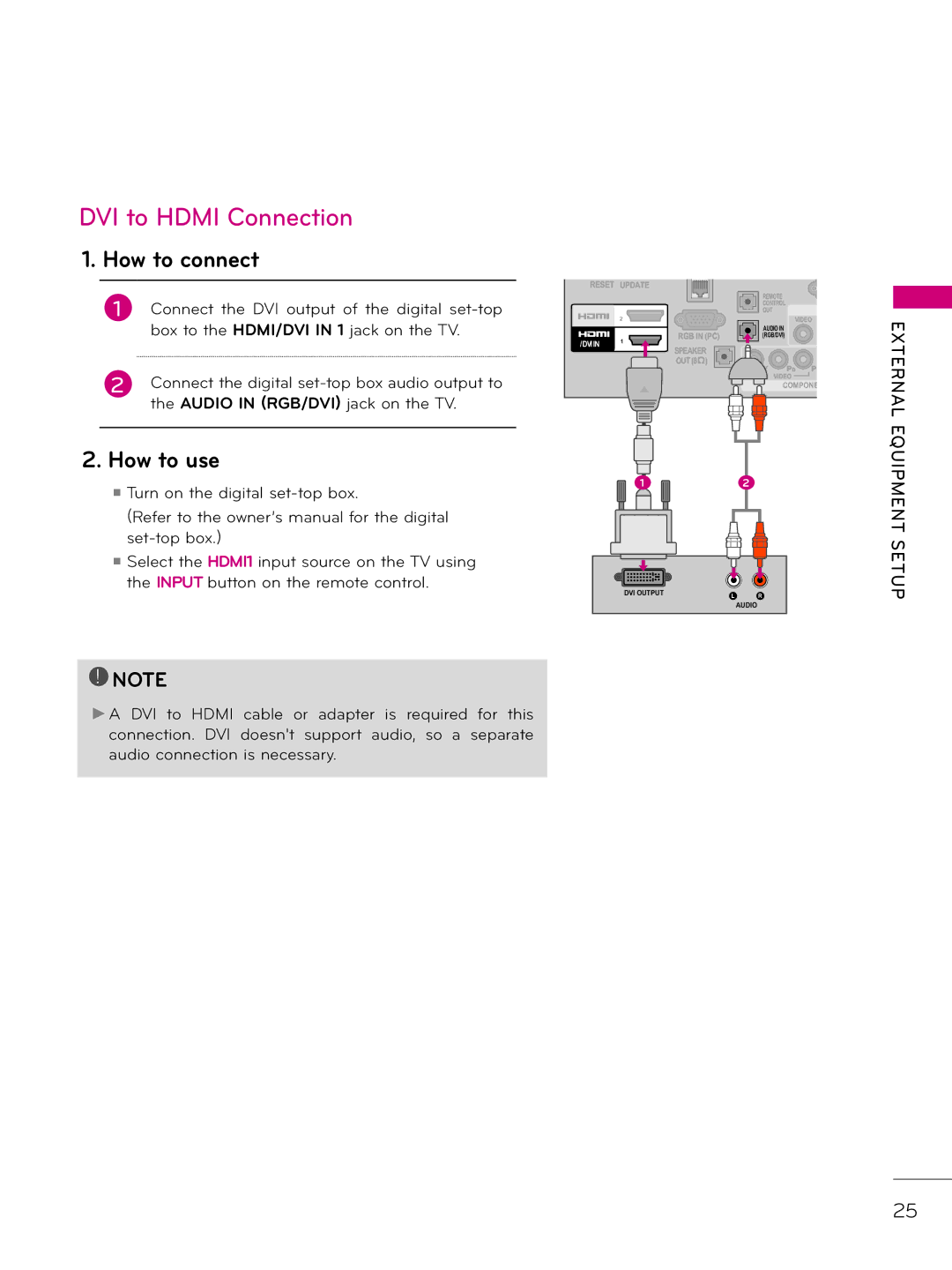 LG Electronics 26LD320H, 37LD340H, 37LD325H, 37LD345H DVI to Hdmi Connection, Connect the DVI output of the digital set-top 