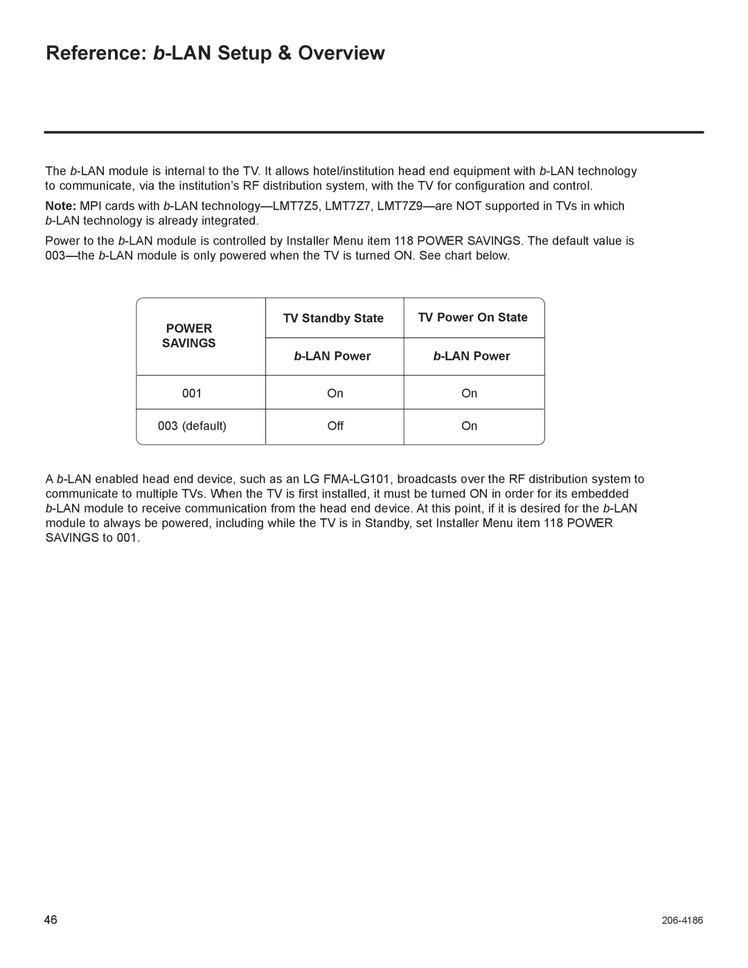 LG Electronics 37LD345H Reference b-LAN Setup & Overview, TV Standby State TV Power On State, LAN Power 001 Default Off 