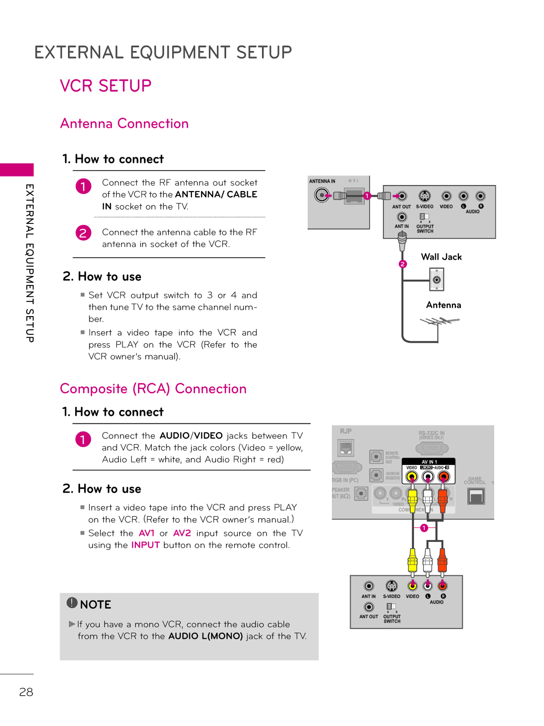 LG Electronics 32LD310H, 37LD340H, 37LD325H, 37LD345H, 42LD345H, 42LD340H, 32LD345H, 32LD340H VCR Setup, Antenna Connection 