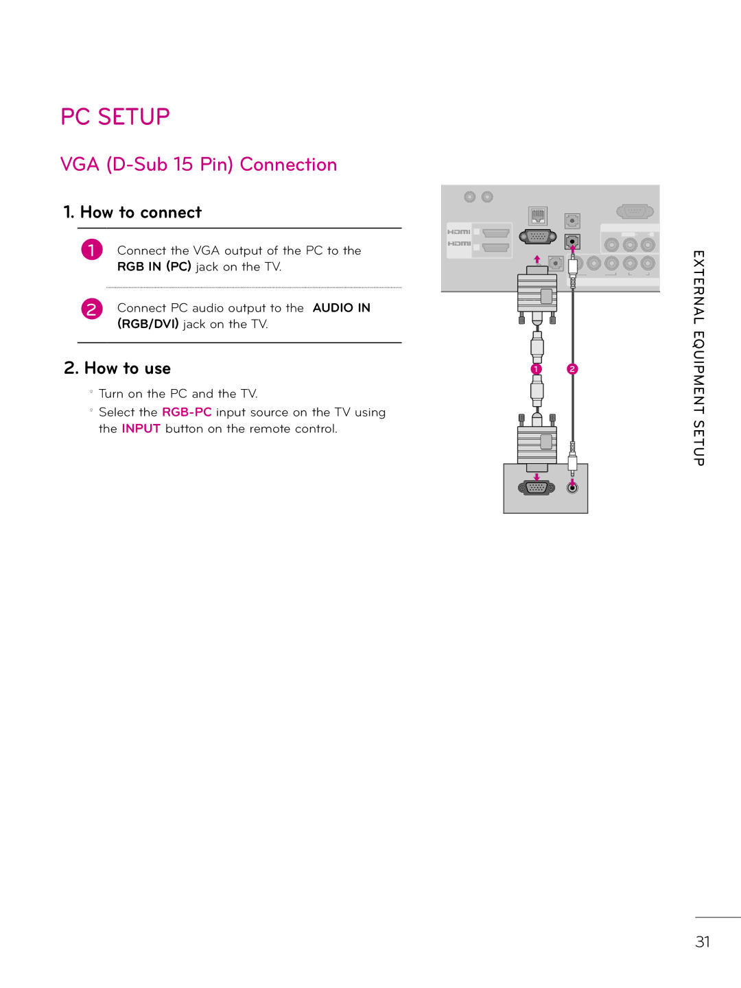 LG Electronics 37LD310H, 37LD340H, 37LD325H, 37LD345H, 42LD345H, 42LD340H, 32LD345H PC Setup, VGA D-Sub 15 Pin Connection 