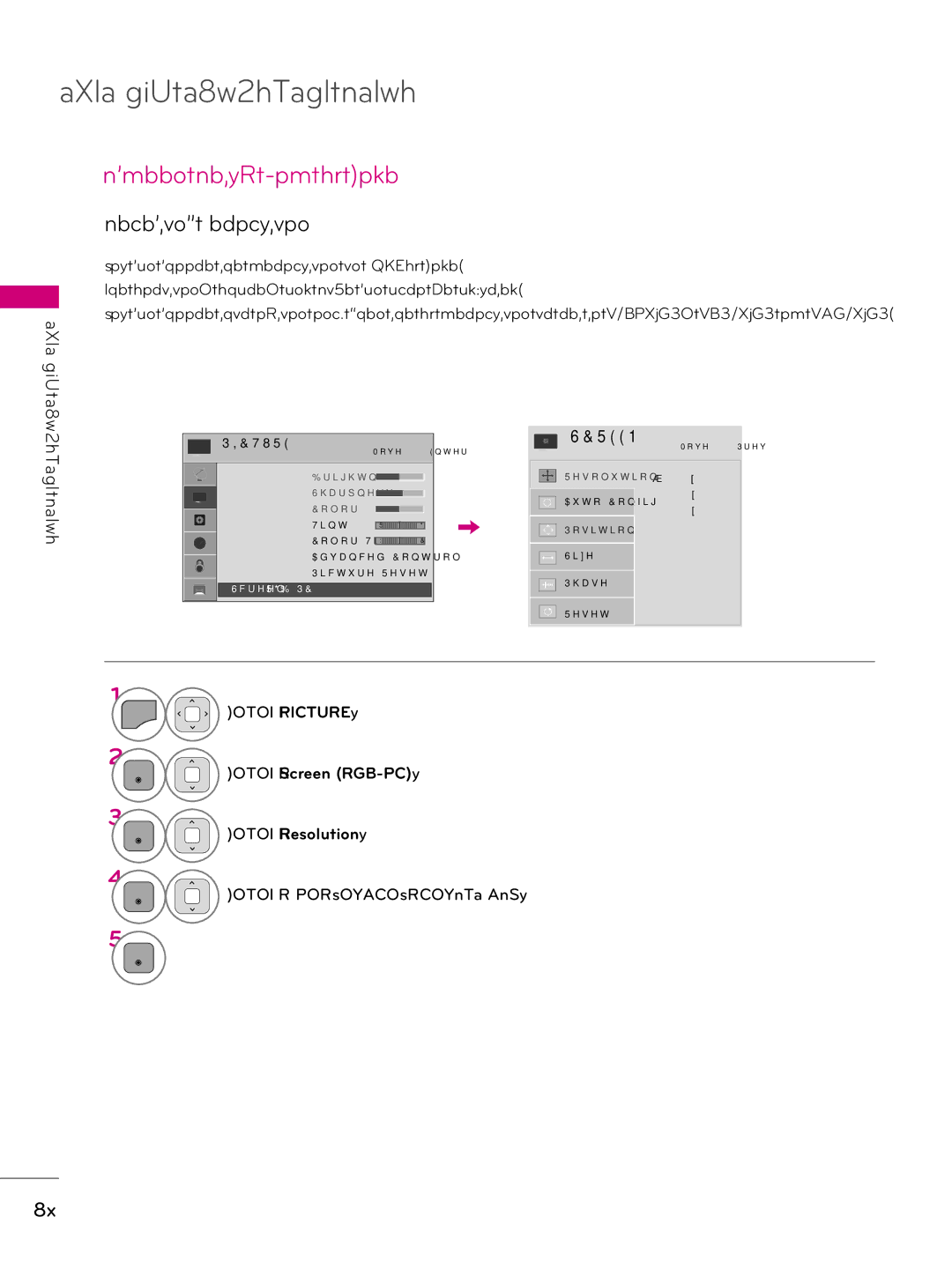 LG Electronics 37LD345H, 37LD340H Screen Setup for PC mode, Select Picture, Select Screen RGB-PC, Select Resolution 