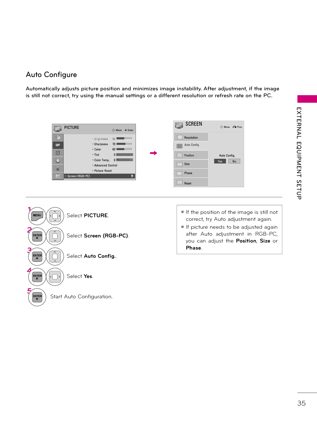 LG Electronics 42LD345H, 37LD340H, 37LD325H Select Auto Config, Select Yes, Start Auto Configuration, Select Screen RGB-PC 