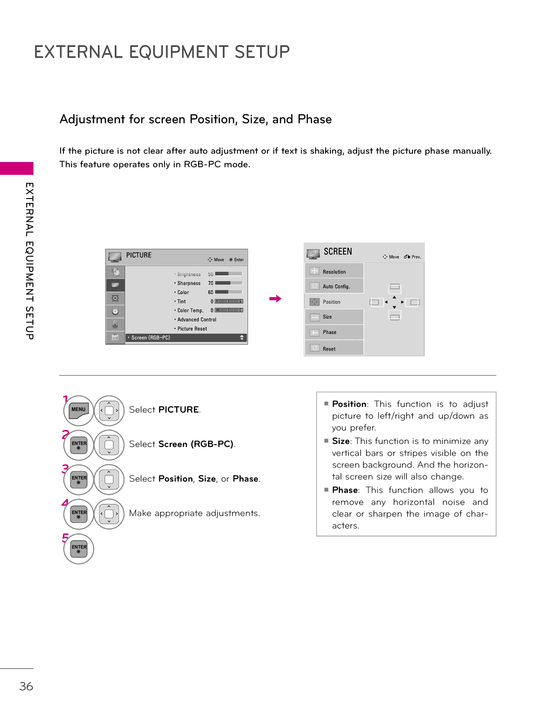 LG Electronics 42LD340H, 37LD340H Adjustment for screen Position, Size, and Phase, Select Position, Size, or Phase 