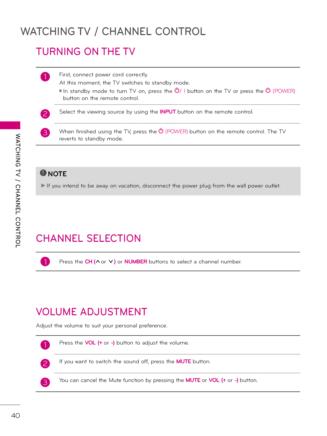 LG Electronics 42LD320H Turning on the TV, Channel Selection, Volume Adjustment, First, connect power cord correctly 