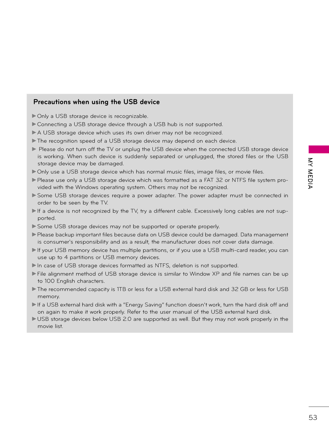 LG Electronics 32LD345H, 37LD340H, 37LD325H, 37LD345H, 42LD345H, 42LD340H, 32LD340H Precautions when using the USB device 