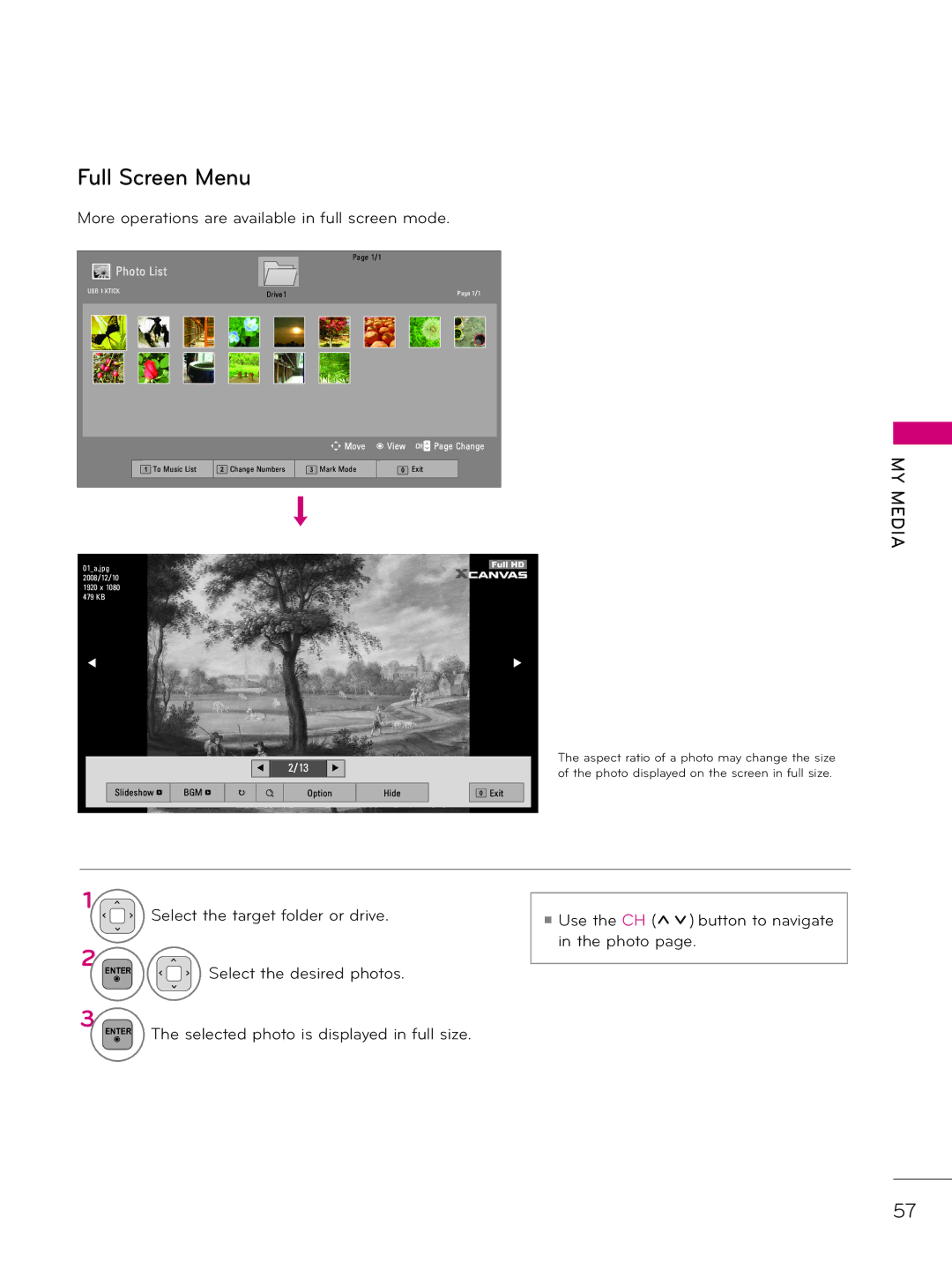 LG Electronics 26LD320H, 37LD340H More operations are available in full screen mode, Select the target folder or drive 