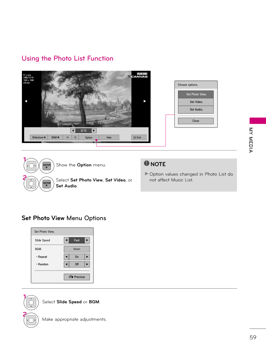 LG Electronics 26LD345H, 37LD340H Using the Photo List Function, Select Set Photo View , Set Video , or, Enter Set Audio 