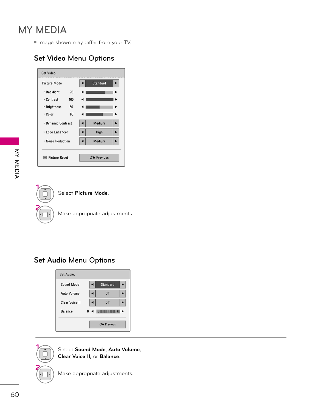 LG Electronics 32LD310H, 37LD340H, 37LD325H Select Picture Mode, Select Sound Mode, Auto Volume, Clear Voice II, or Balance 