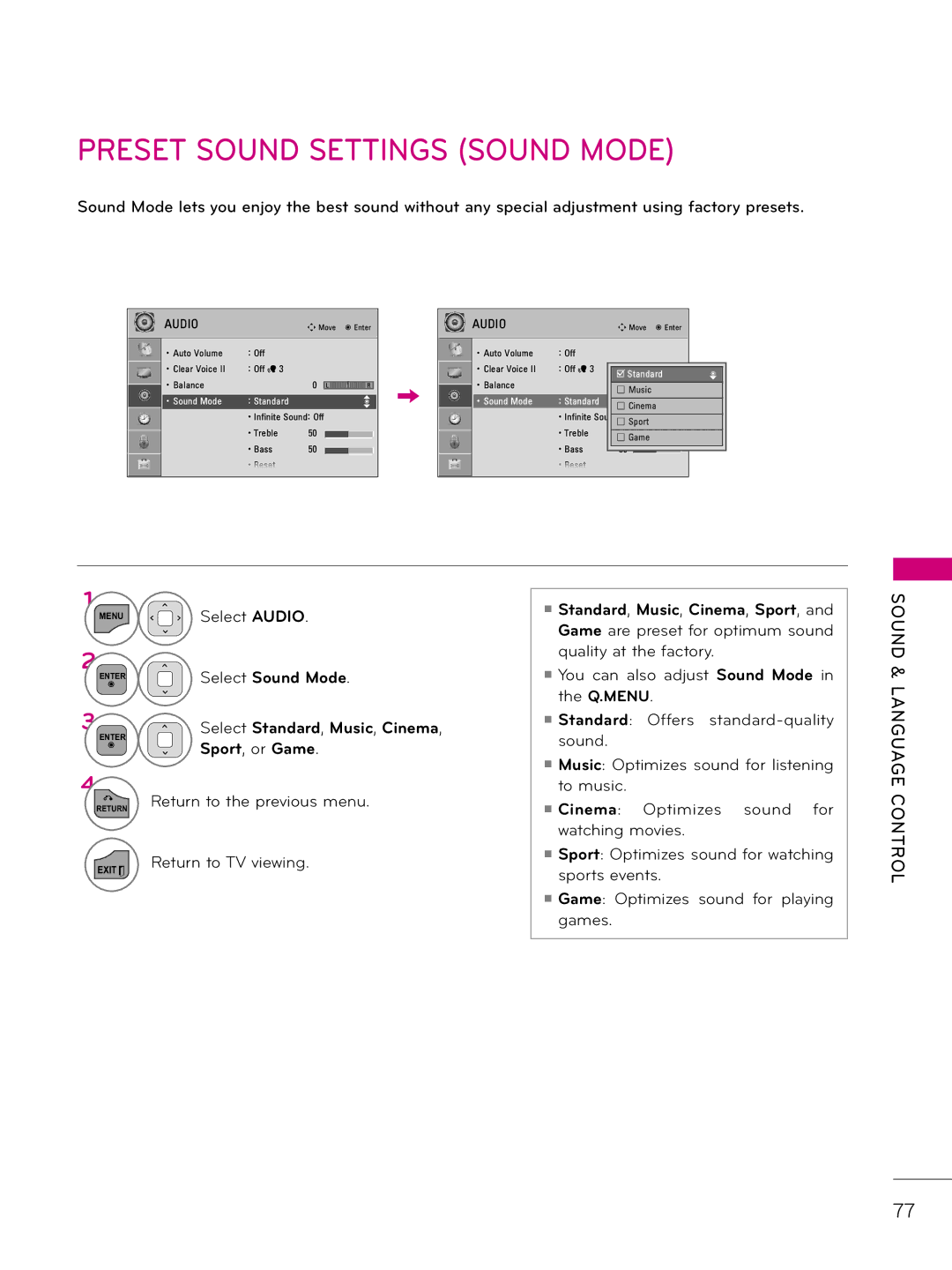 LG Electronics 32LD330H, 37LD340H, 37LD325H, 37LD345H, 42LD345H, 42LD340H Preset Sound Settings Sound Mode, Select Audio 