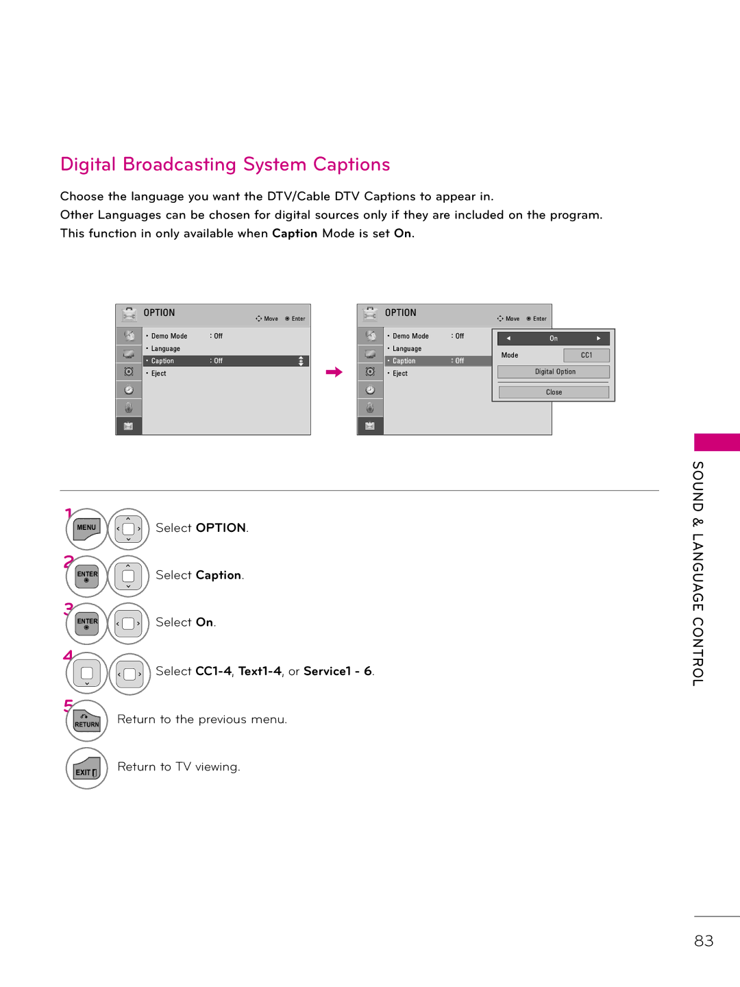 LG Electronics 42LD345H, 37LD340H, 37LD325H Digital Broadcasting System Captions, Select CC1-4,Text1-4, or Service1  