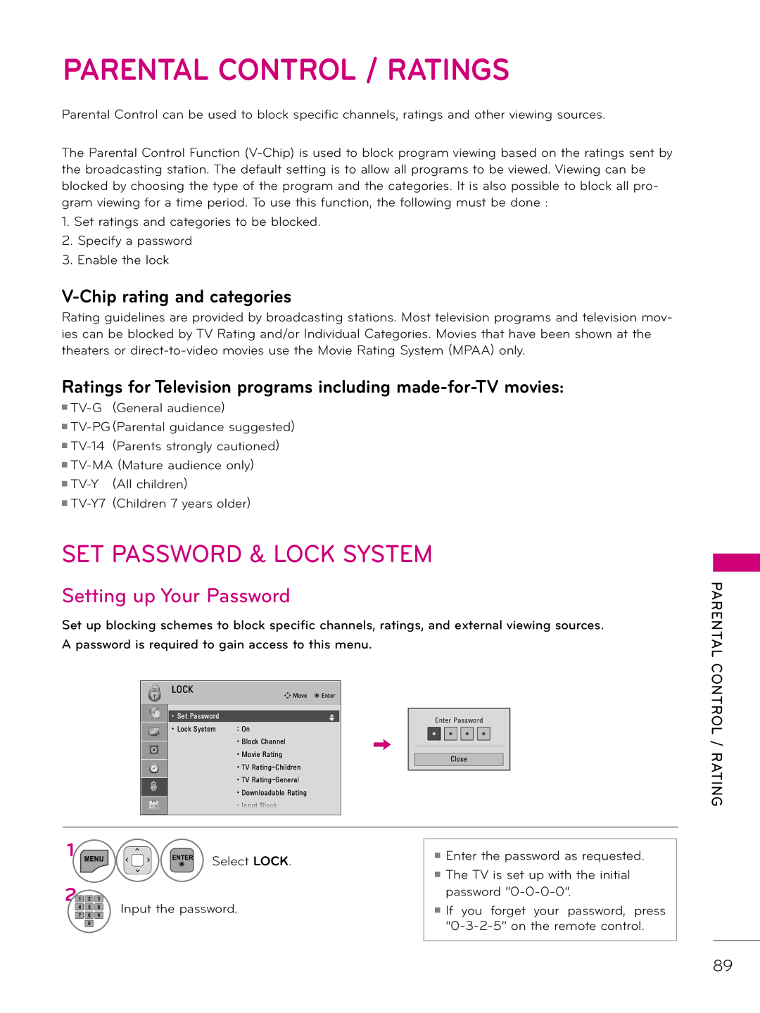 LG Electronics 26LD320H, 37LD340H, 37LD325H, 37LD345H, 42LD345H, 42LD340H SET Password & Lock System, Setting up Your Password 