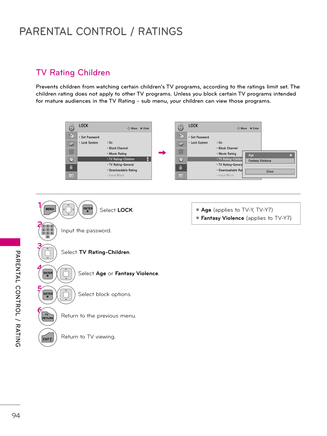 LG Electronics 37LD330H TV Rating Children, Select TV Rating-Children Select Age or Fantasy Violence, Select Lock 