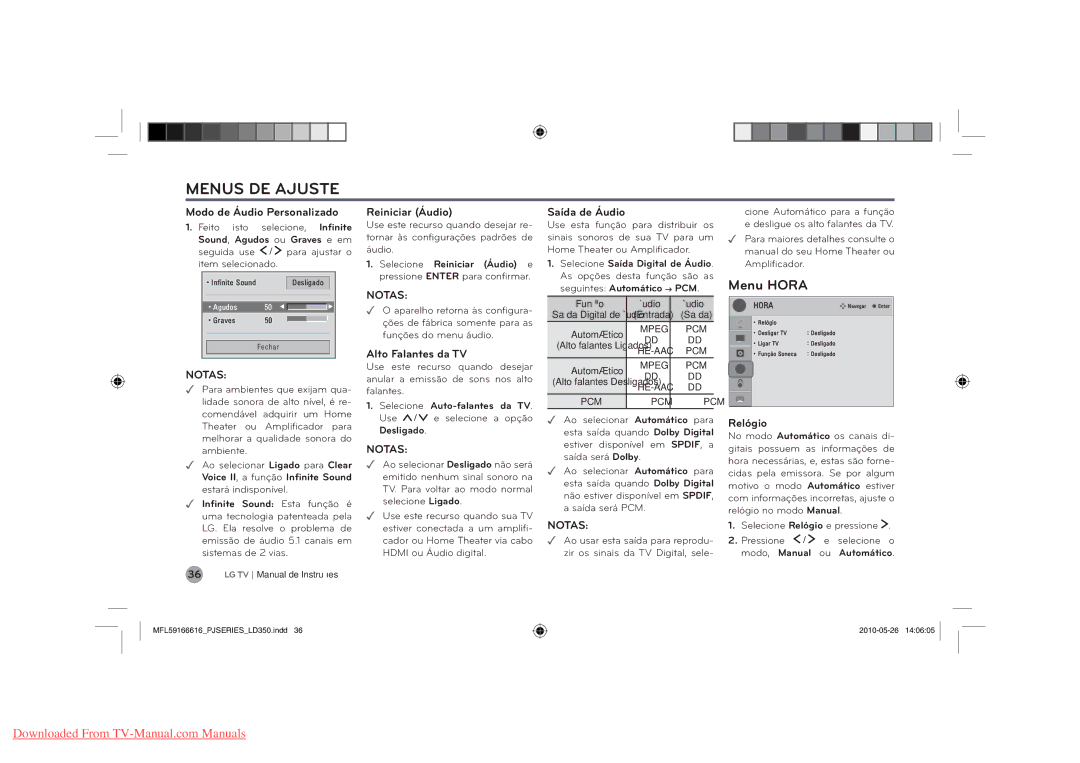 LG Electronics 37LD460, 37LE5300, 50PJ350, 50PJ230, 50PJ250, 55LE5300, 42PJ350, 42PJ230, 47LD460, 42PJ250, 42LD460 manual Menu Hora 