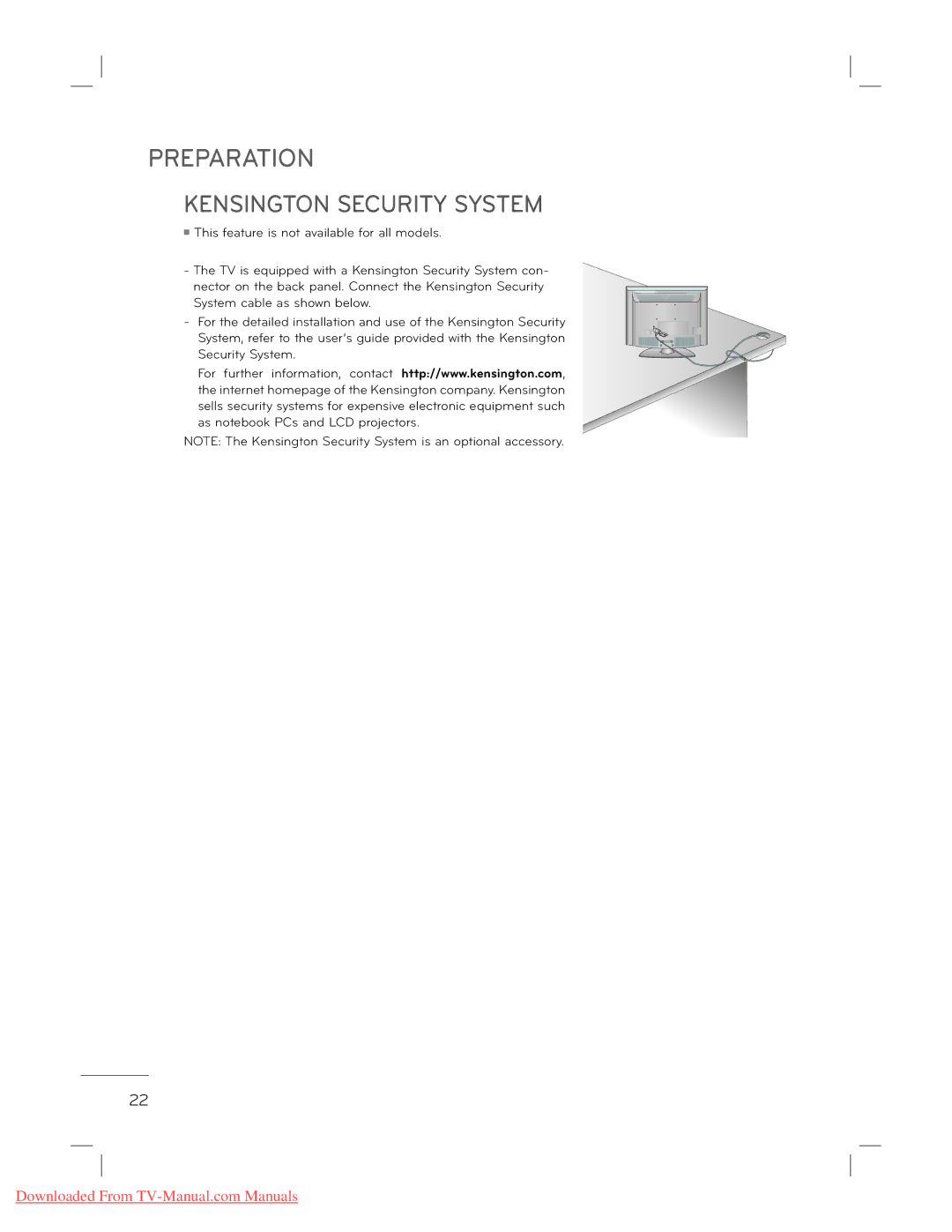 LG Electronics 32LD420, 37LE5300, 55LE5300, 42LE5300, 47LE5300, 22LE5300, 32LE5300, 26LE5300, 47LD450 Kensington Security System 