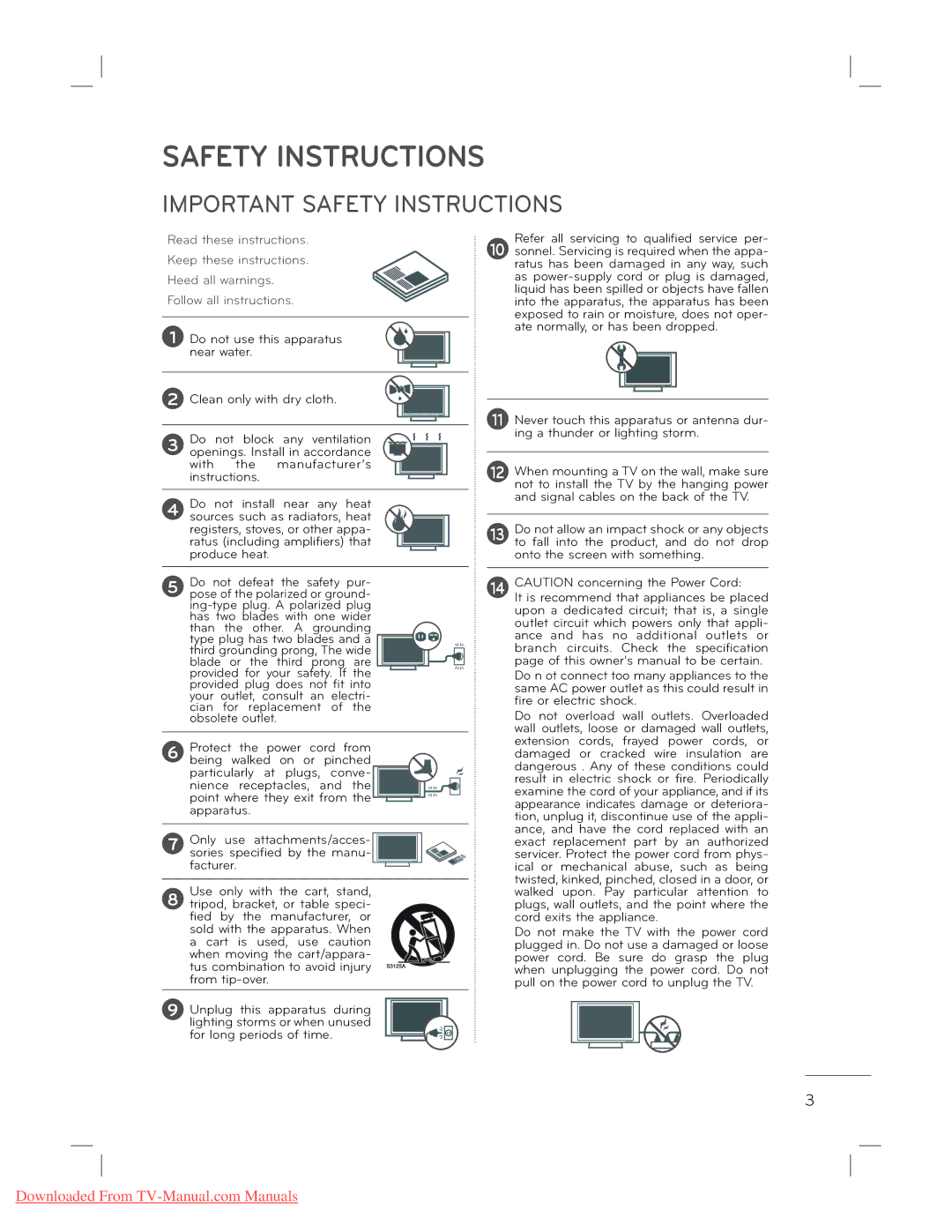 LG Electronics 47LE5300, 37LE5300, 55LE5300, 42LE5300, 22LE5300, 32LE5300, 26LE5300, 47LD450 Important Safety Instructions 