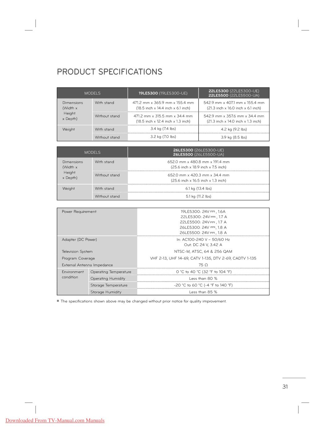 LG Electronics 55LE530C, 37LE5300, 55LE5300, 42LE5300, 47LE5300, 22LE5300, 32LE5300, 26LE5300 Product Specifications, Models 