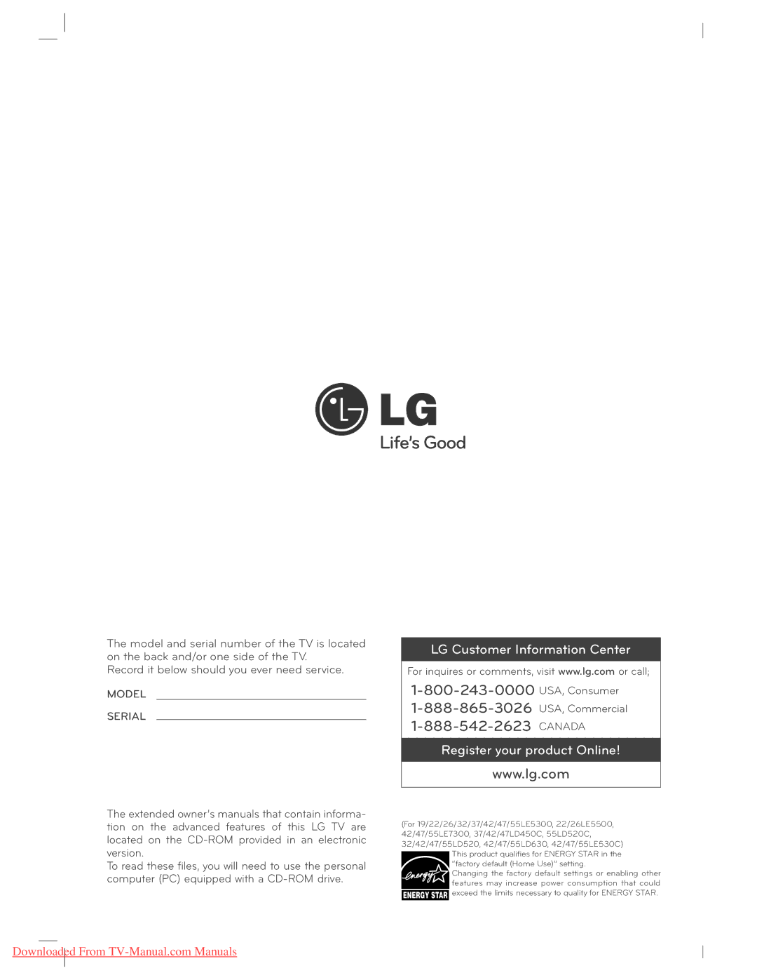 LG Electronics 42LE5300, 37LE5300, 55LE5300, 47LE5300, 22LE5300, 32LE5300, 26LE5300, 47LE530C, 47LD450C, 47LD520, 47LD420 Canada 