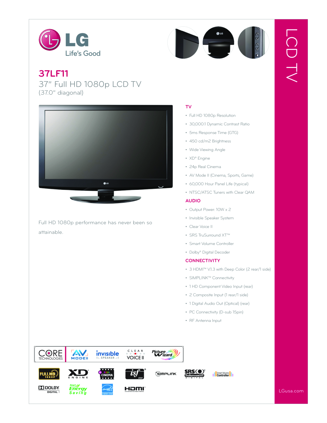 LG Electronics 37LF11 manual Lcd Tv, 37” Full HD 1080p LCD TV, 37.0” diagonal, LGusa.com, Audio, Connectivity 