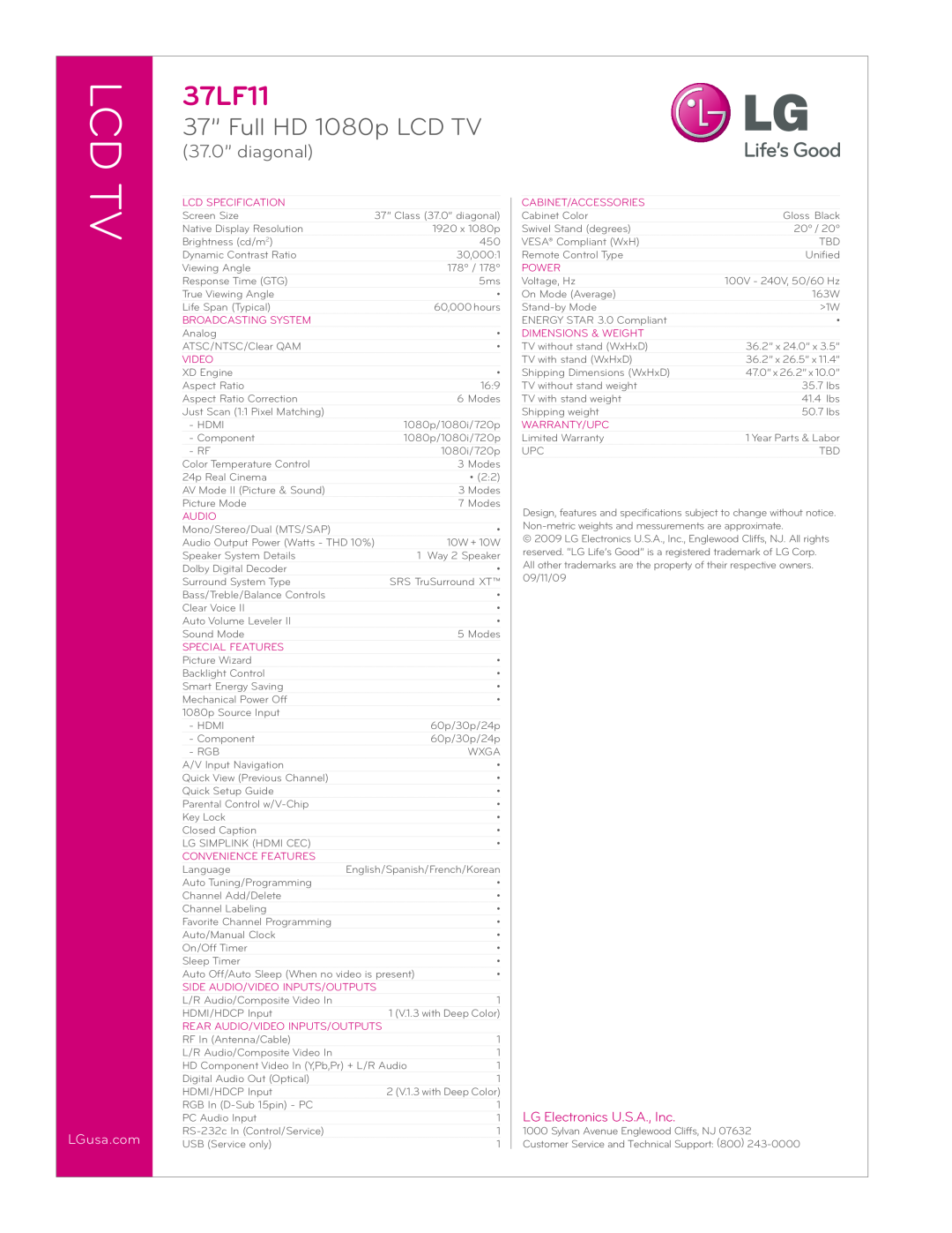 LG Electronics 37LF11 manual Lcd Tv, 37” Full HD 1080p LCD TV, 37.0” diagonal, LGusa.com, LG Electronics U.S.A., Inc 