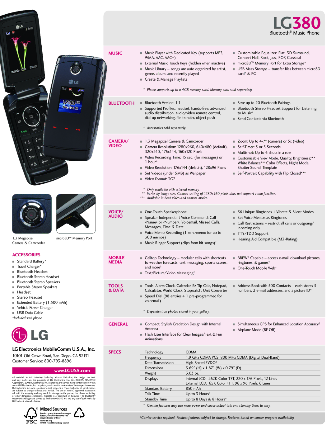 LG Electronics 380 manual Music, Bluetooth, Voice, Audio, Mobile, Media, Tools, Data, General, Specs 