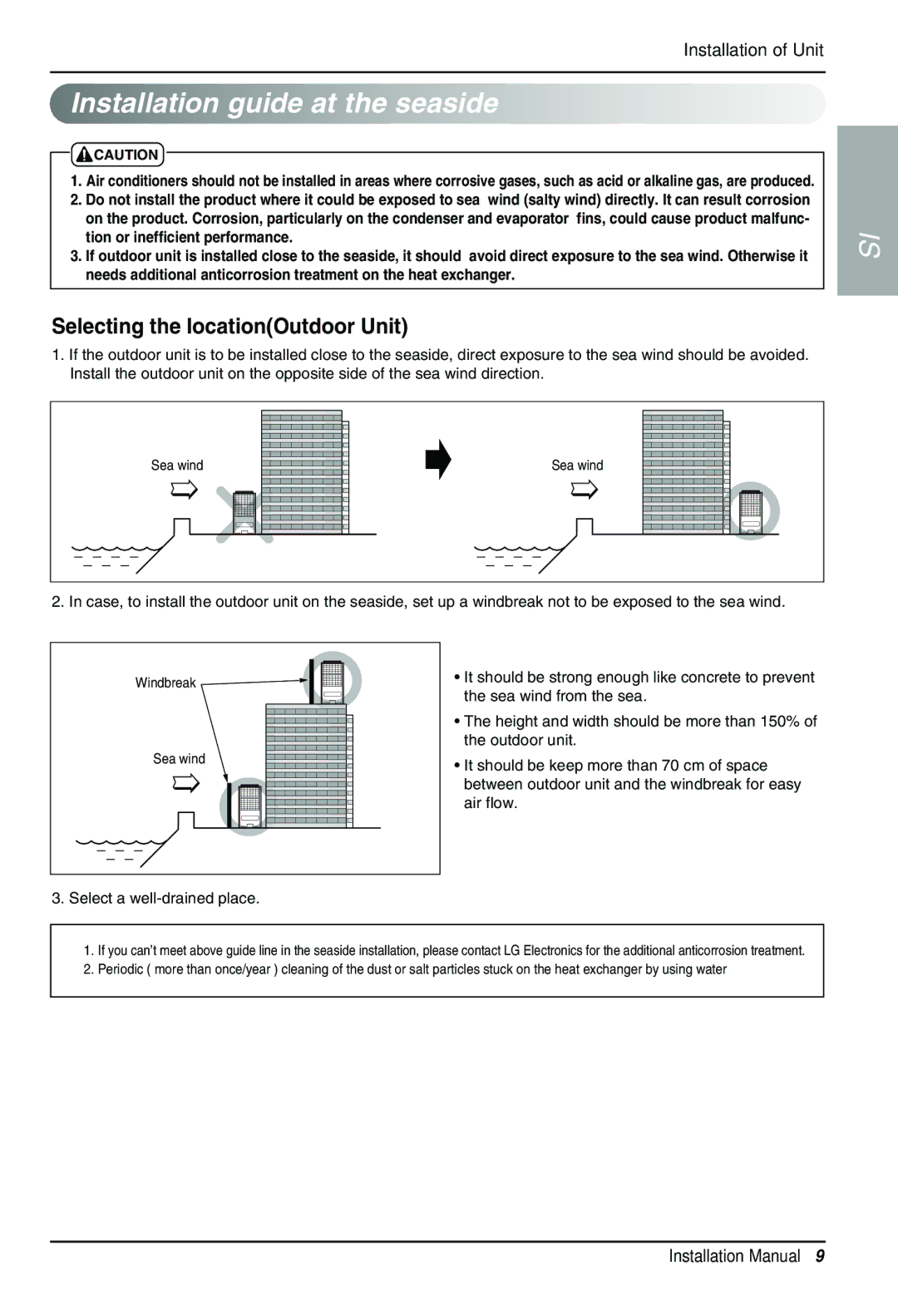 LG Electronics 3828A20025U manual Installation guide at the seaside, Selecting the locationOutdoor Unit 