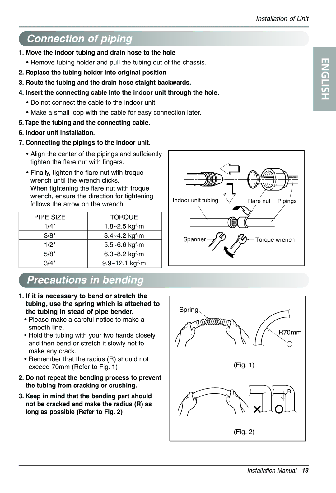 LG Electronics 3828A20025U Connection of piping, Precautions in bending, Move the indoor tubing and drain hose to the hole 