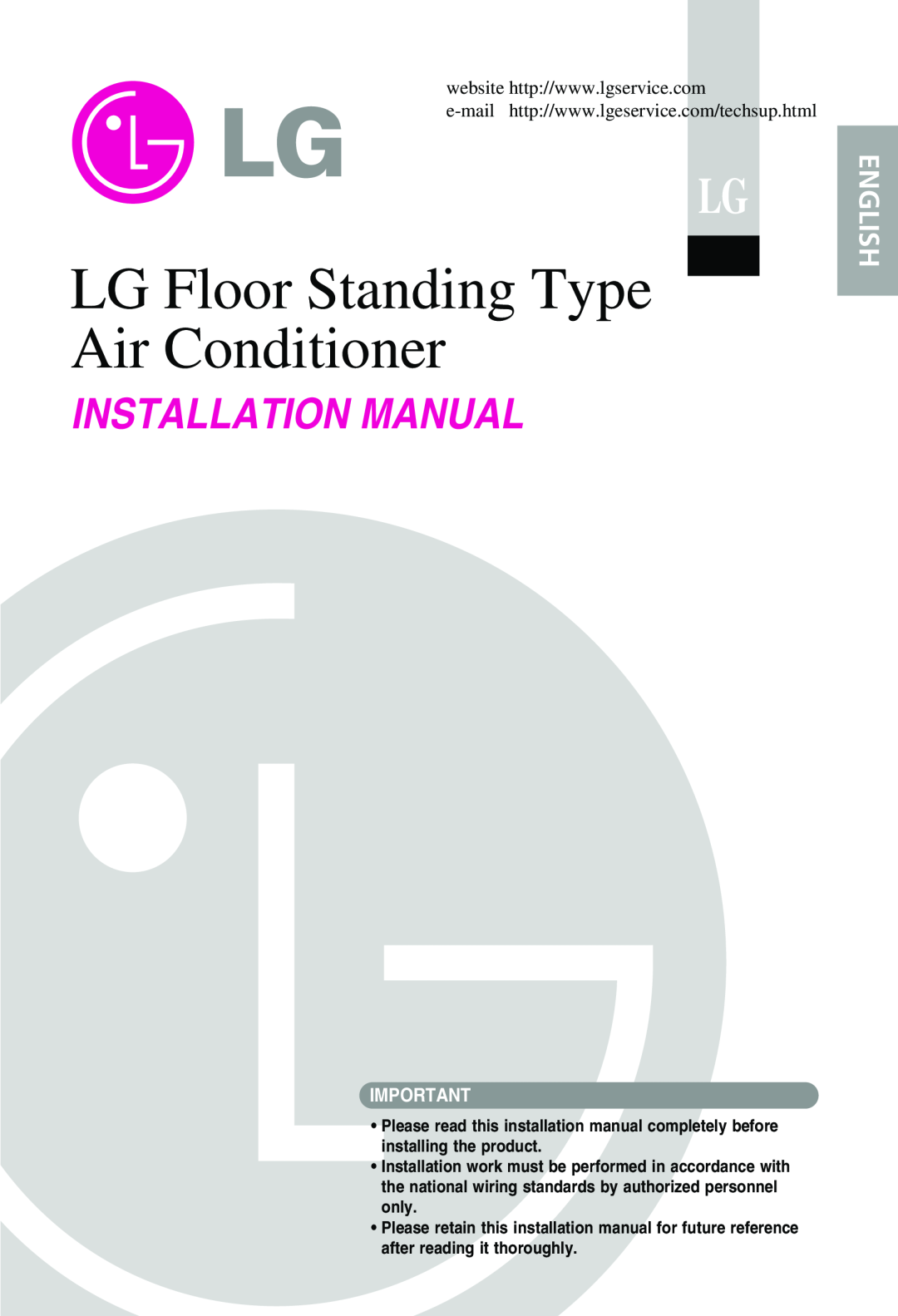 LG Electronics 3828A20025U manual English, LG Floor Standing Type Air Conditioner, Installation Manual 