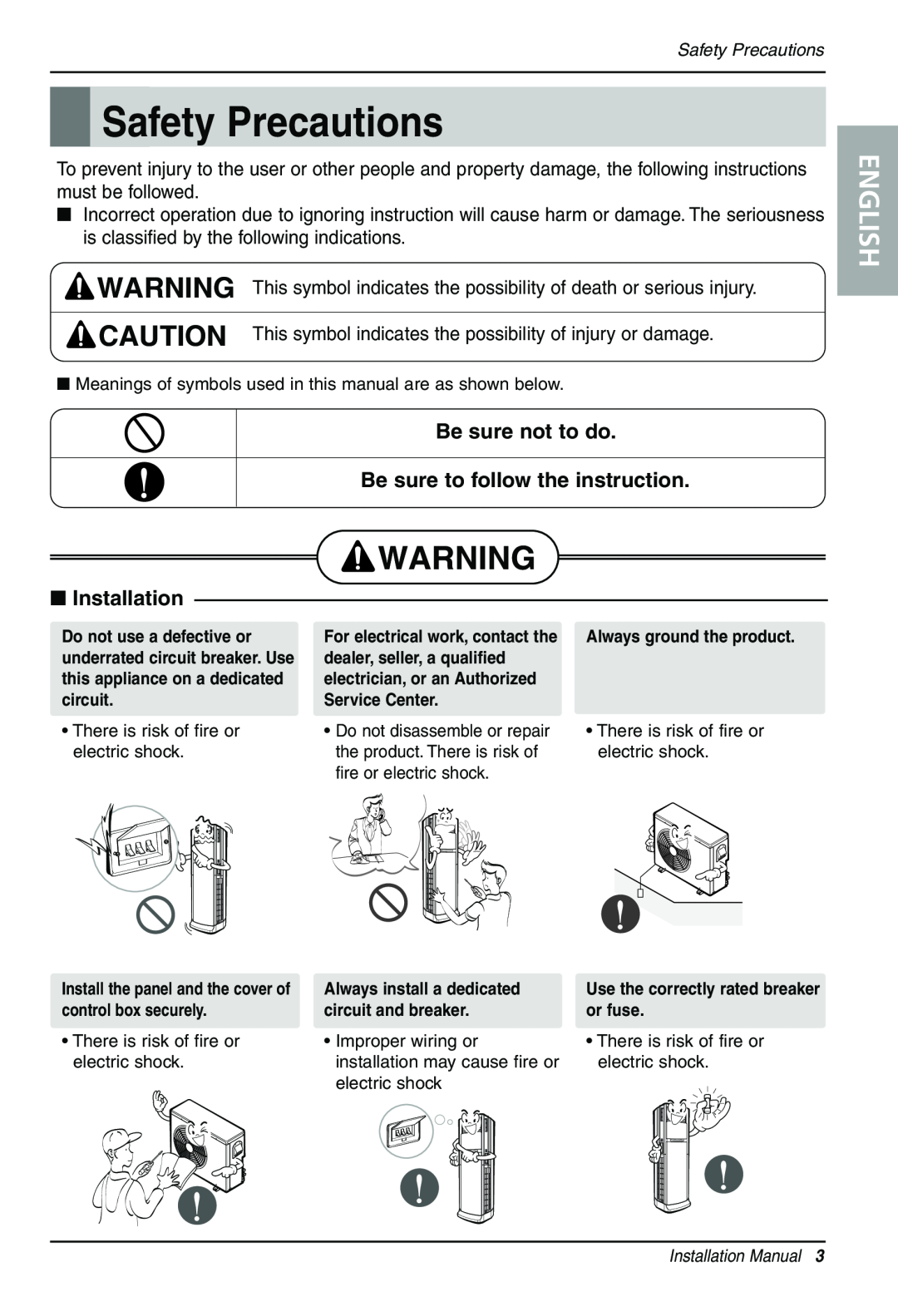 LG Electronics 3828A20025U Safety Precautions, Be sure not to do Be sure to follow the instruction, Installation, English 