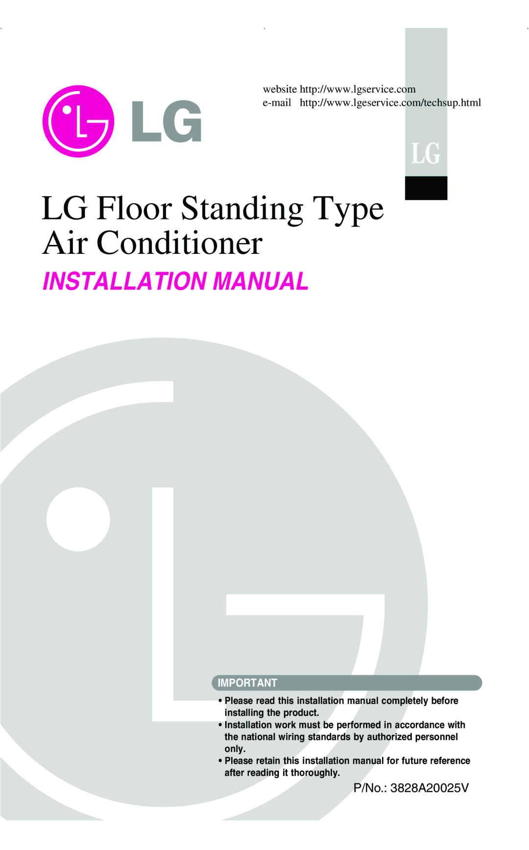 LG Electronics 3828A20025V installation manual LG Floor Standing Type Air Conditioner 