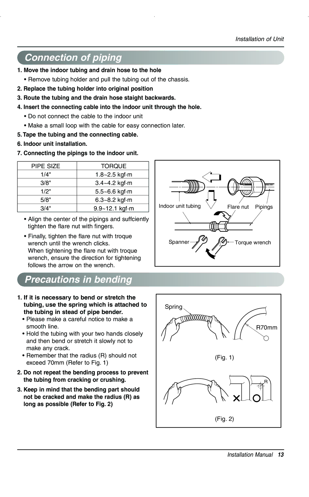 LG Electronics 3828A20025V Connection of piping, Precautions in bending, Move the indoor tubing and drain hose to the hole 