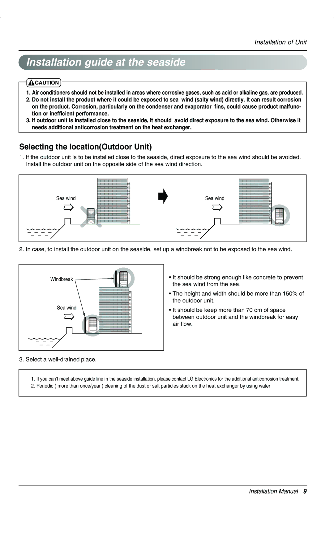 LG Electronics 3828A20025V installation manual Installation guide at the seaside, Selecting the locationOutdoor Unit 