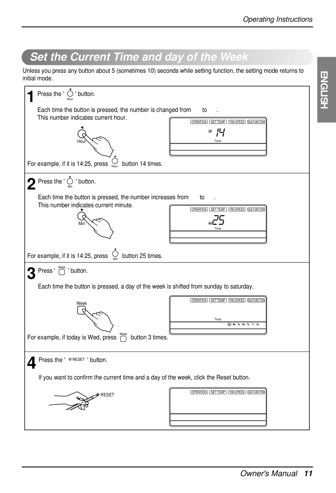 LG Electronics 3828A22005P owner manual Set the Current Time and day of the Week, Min 