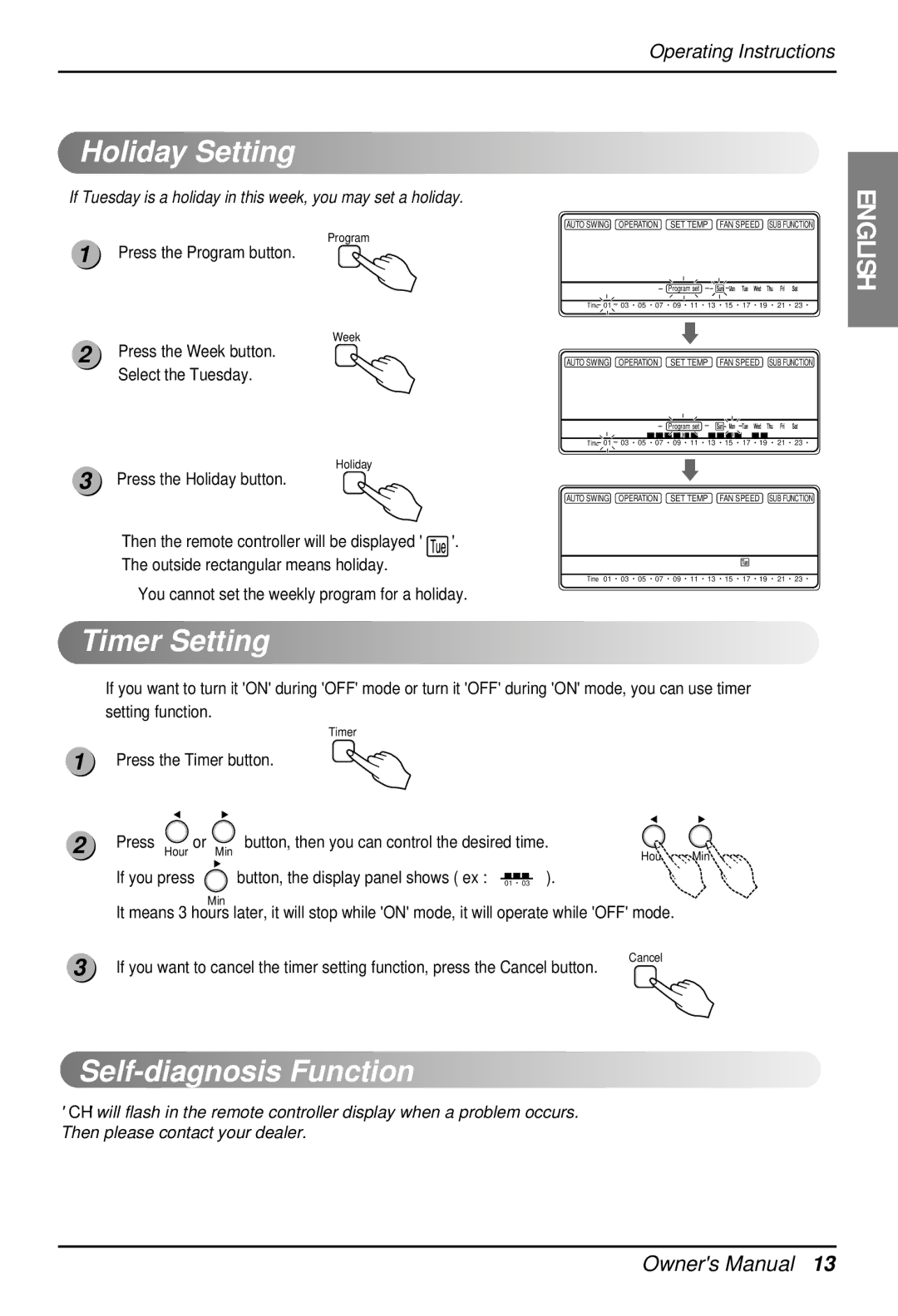 LG Electronics 3828A22005P owner manual Holiday Setting, Timer Setting, Self-diagnosis Function 