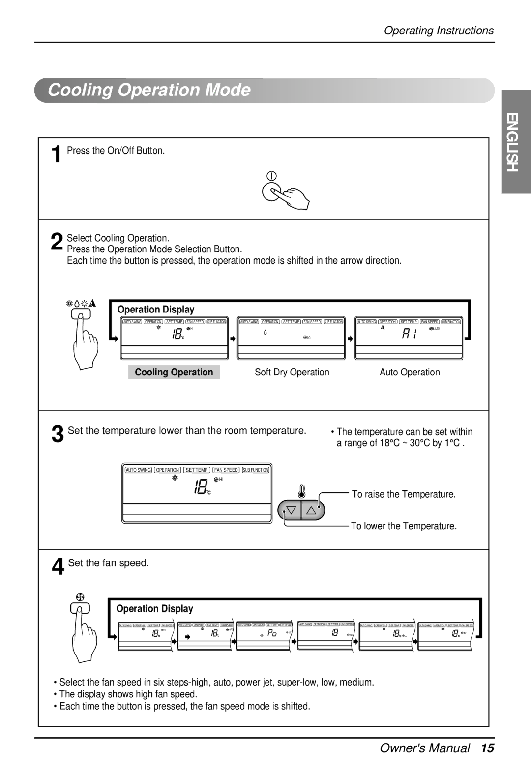 LG Electronics 3828A22005P owner manual Cooling Operation Mode, Press the On/Off Button Select Cooling Operation 