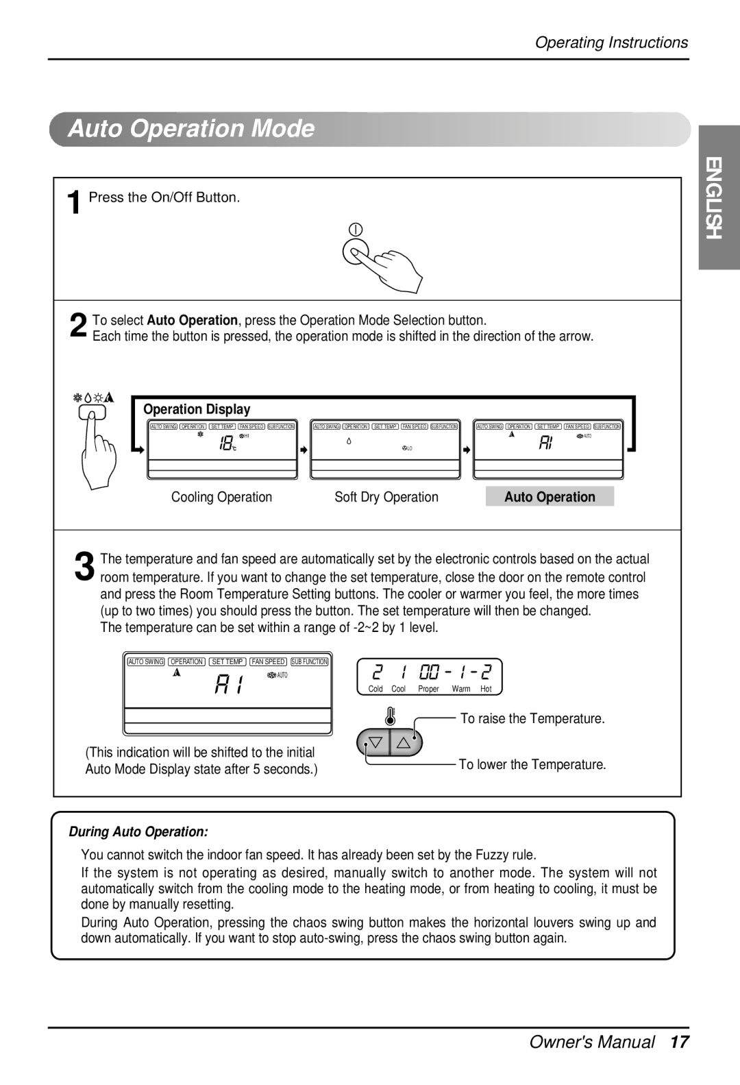 LG Electronics 3828A22005P owner manual Auto Operation Mode, Temperature can be set within a range of -2~2 by 1 level 