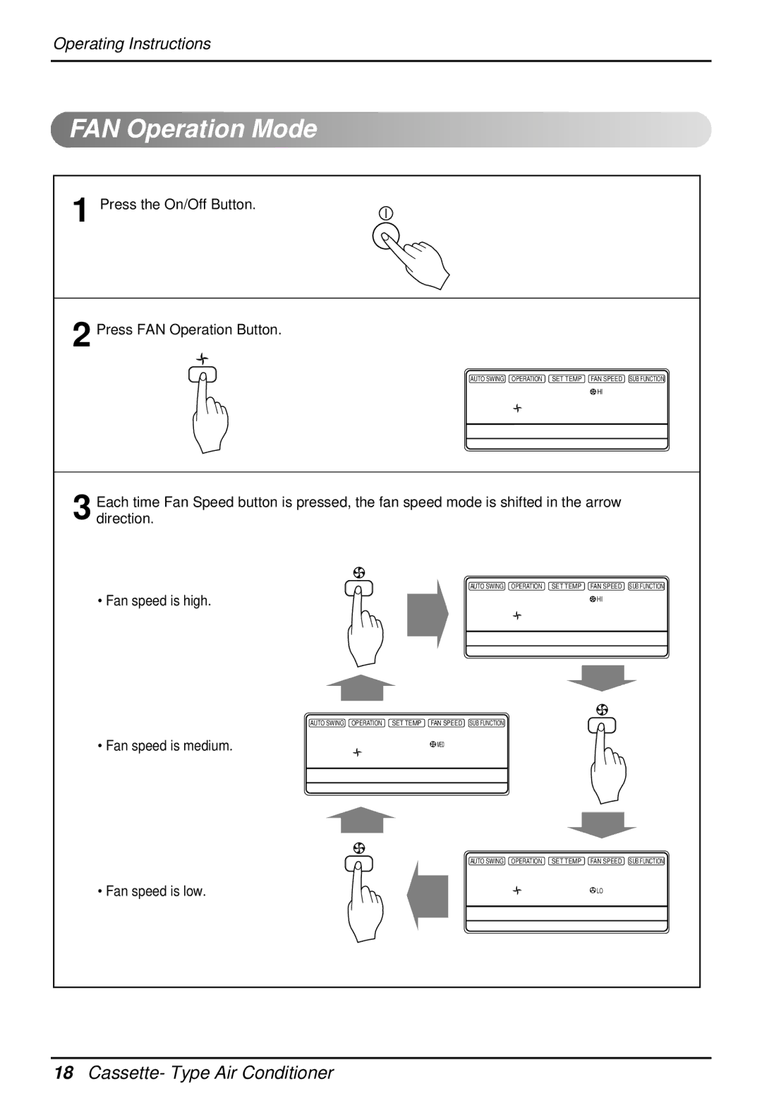 LG Electronics 3828A22005P owner manual FAN Operation Mode, Press the On/Off Button Press FAN Operation Button 