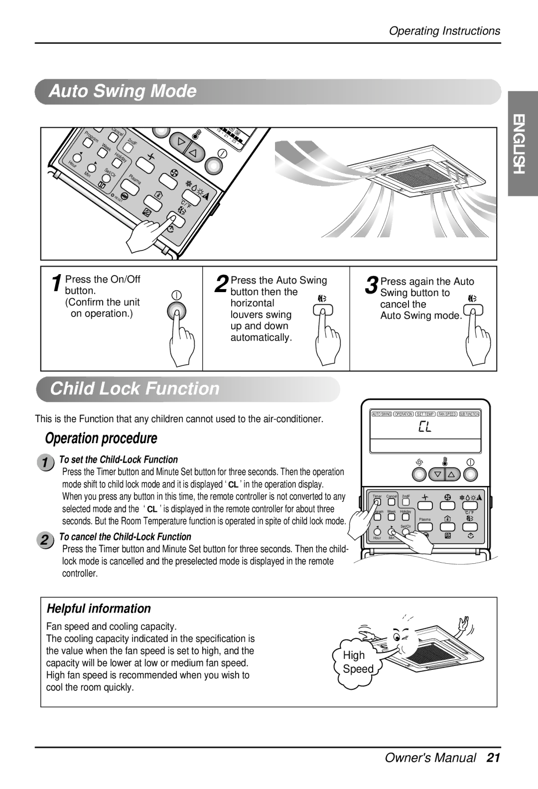 LG Electronics 3828A22005P owner manual Child Lock Function, Auto Swing Mode 